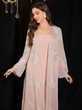 Buy SHEIN Modelyn 2pcs Embroidered Sequin Solid Elegant Romantic Sheer Sleeve Dress Set in Pakistan