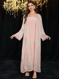 Buy SHEIN Modelyn 2pcs Embroidered Sequin Solid Elegant Romantic Sheer Sleeve Dress Set in Pakistan