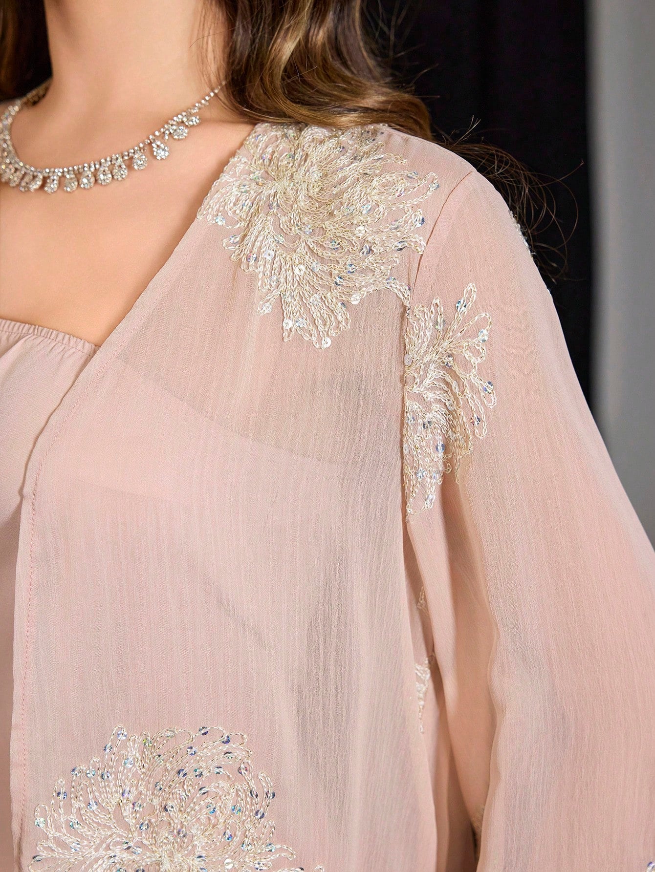 Buy SHEIN Modelyn 2pcs Embroidered Sequin Solid Elegant Romantic Sheer Sleeve Dress Set in Pakistan