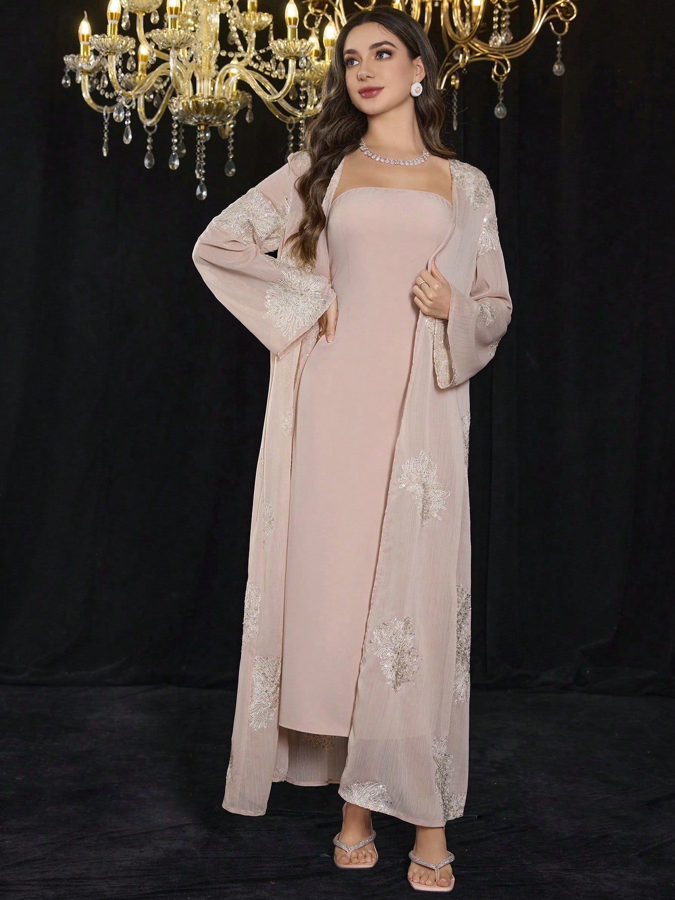 Buy SHEIN Modelyn 2pcs Embroidered Sequin Solid Elegant Romantic Sheer Sleeve Dress Set in Pakistan