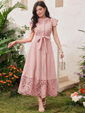 Buy SHEIN Modelyn Ladies' Stand Collar Solid Color Belted Lace Splicing Elegant Summer Dress Maxi Women Outfit Long Evening Dresses in Pakistan