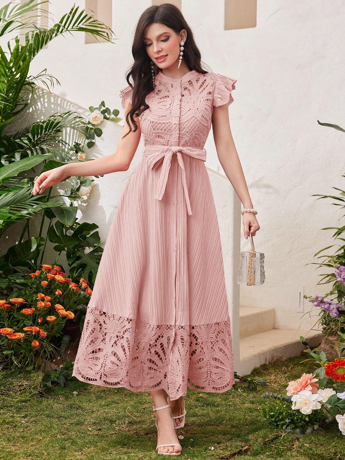 Buy SHEIN Modelyn Ladies' Stand Collar Solid Color Belted Lace Splicing Elegant Summer Dress Maxi Women Outfit Long Evening Dresses in Pakistan