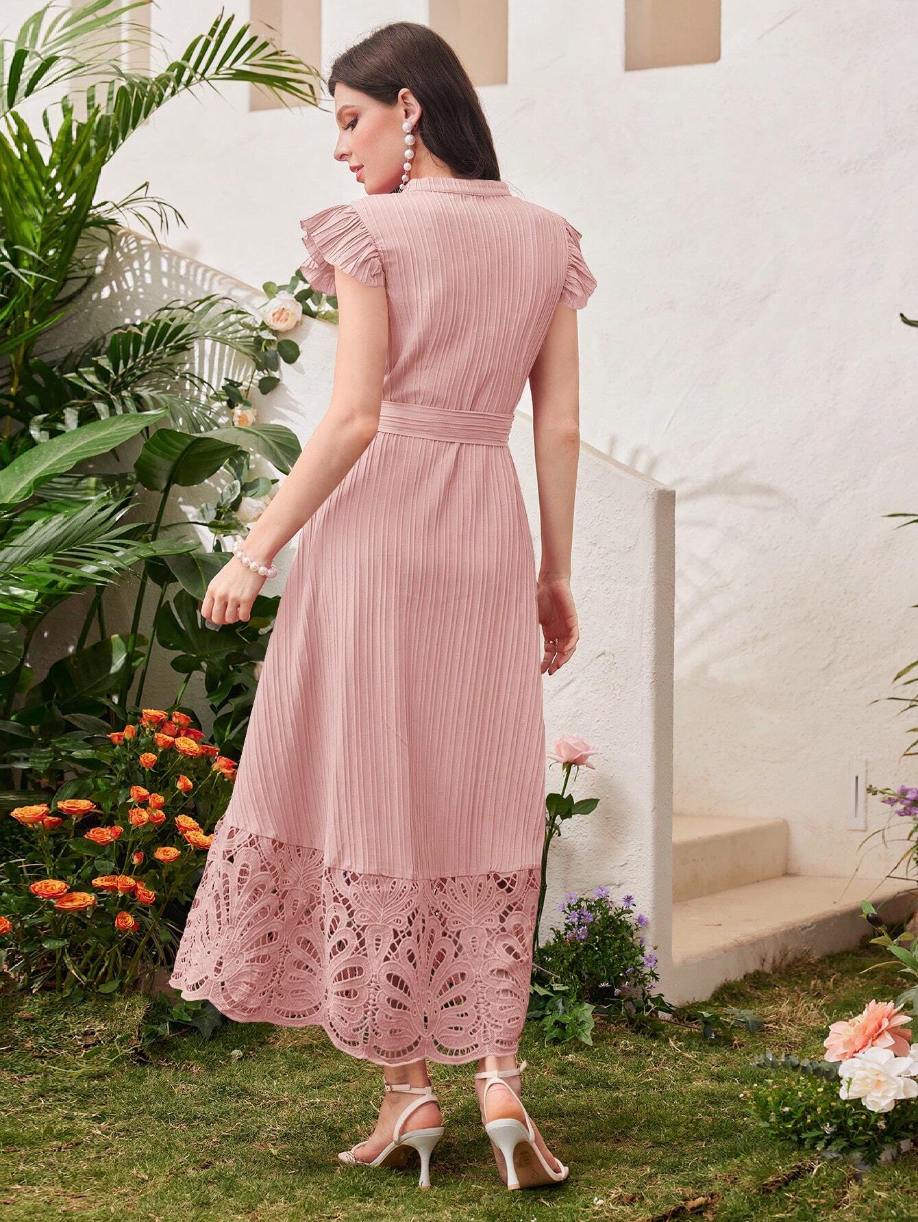 Buy SHEIN Modelyn Ladies' Stand Collar Solid Color Belted Lace Splicing Elegant Summer Dress Maxi Women Outfit Long Evening Dresses in Pakistan
