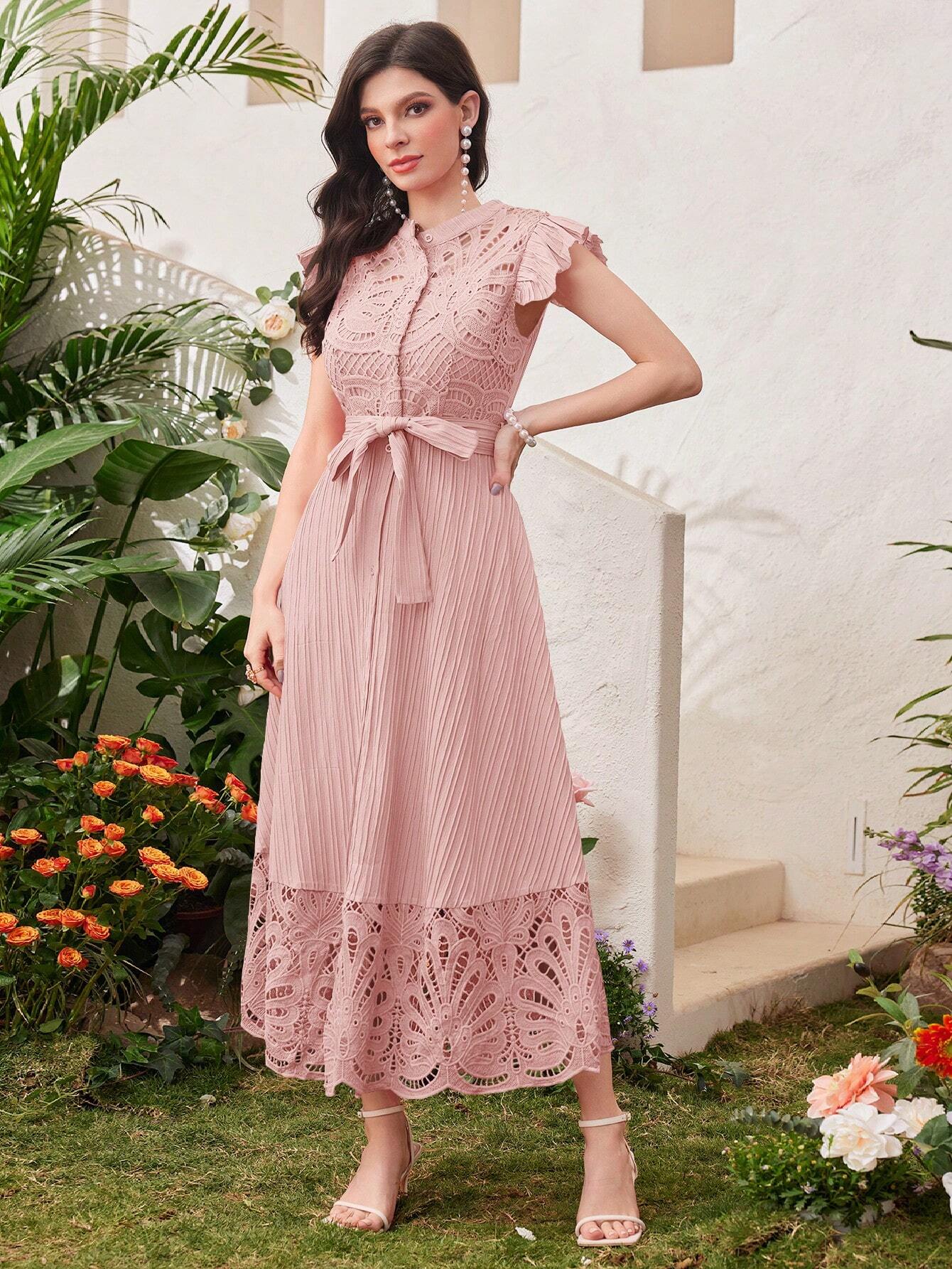 Buy SHEIN Modelyn Ladies' Stand Collar Solid Color Belted Lace Splicing Elegant Summer Dress Maxi Women Outfit Long Evening Dresses in Pakistan