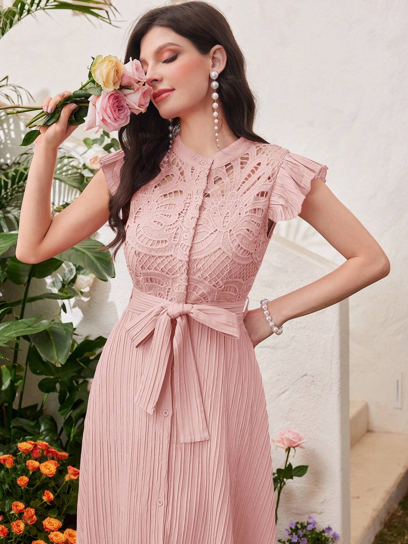 SHEIN Modelyn Ladies' Stand Collar Solid Color Belted Lace Splicing El