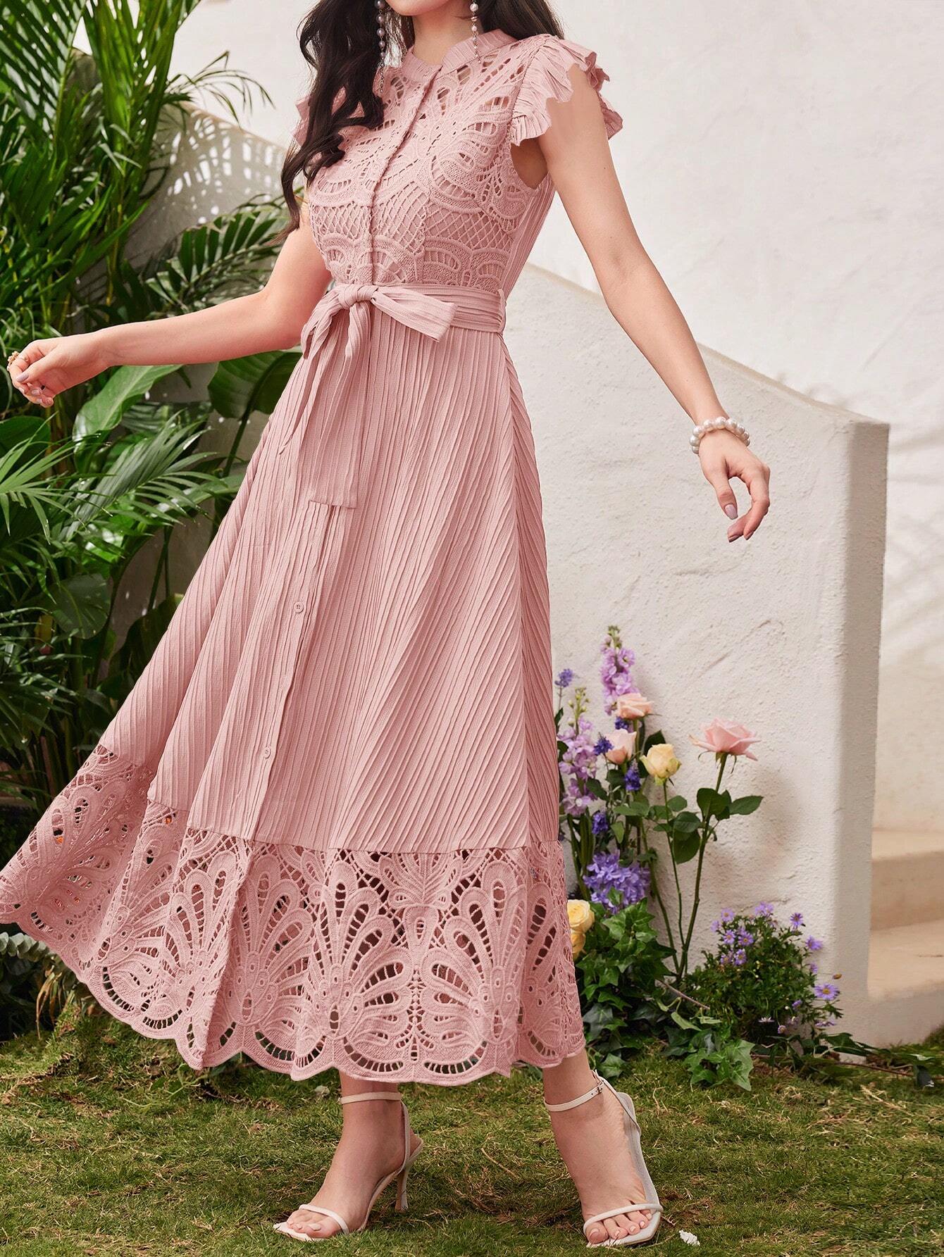 Buy SHEIN Modelyn Ladies' Stand Collar Solid Color Belted Lace Splicing Elegant Summer Dress Maxi Women Outfit Long Evening Dresses in Pakistan