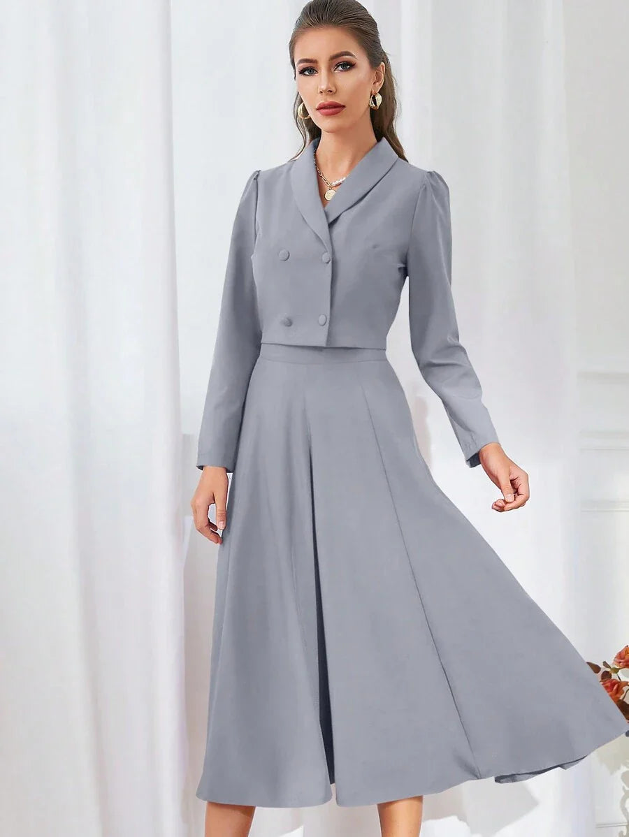 Buy SHEIN Modelyn Solid Color Shawl Collar Double Breasted Blouse And Skirt Suit 2 Pieces Set in Pakistan