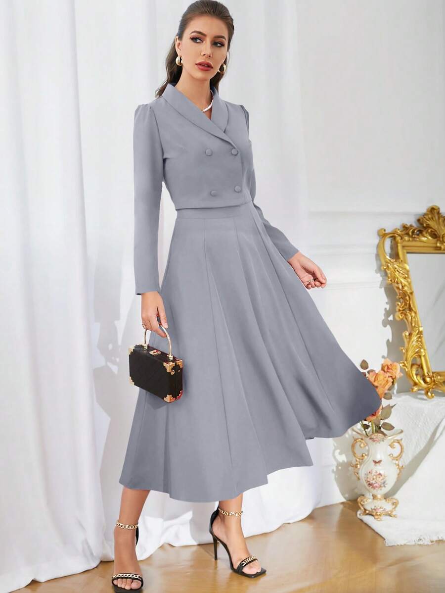 Buy SHEIN Modelyn Solid Color Shawl Collar Double Breasted Blouse And Skirt Suit 2 Pieces Set in Pakistan