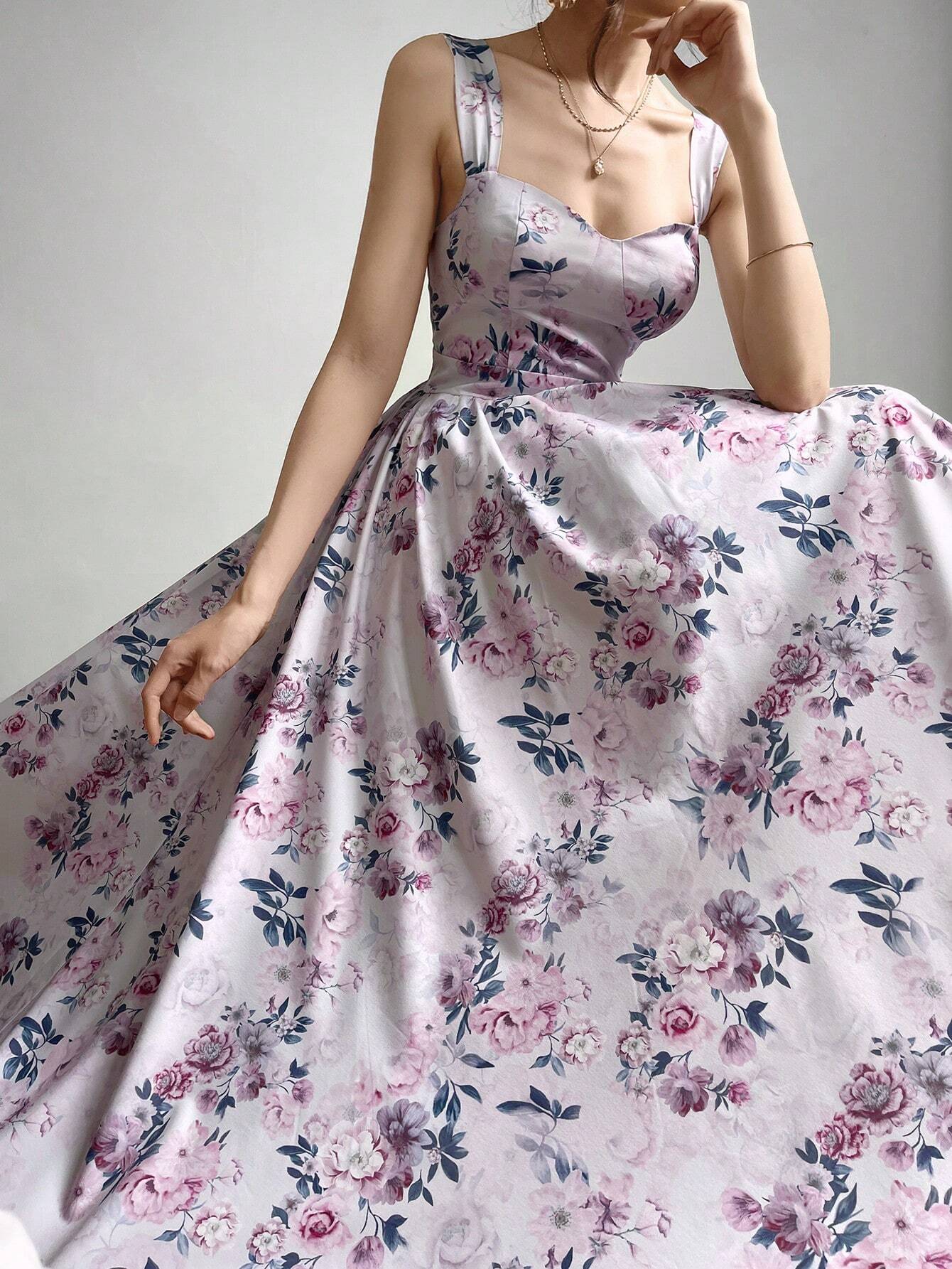 Buy SHEIN Modelyn Women Random Floral Print Casual Sleeveless Dress Maxi Women Outfit Long Evening Dresses in Pakistan