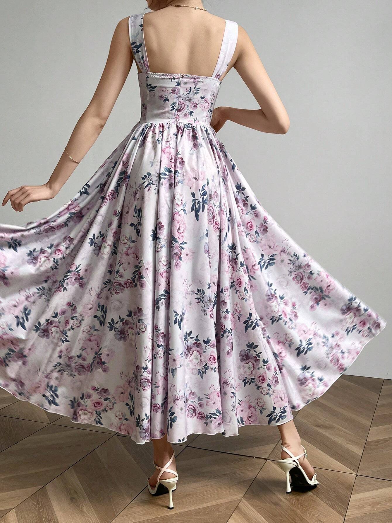 Buy SHEIN Modelyn Women Random Floral Print Casual Sleeveless Dress Maxi Women Outfit Long Evening Dresses in Pakistan