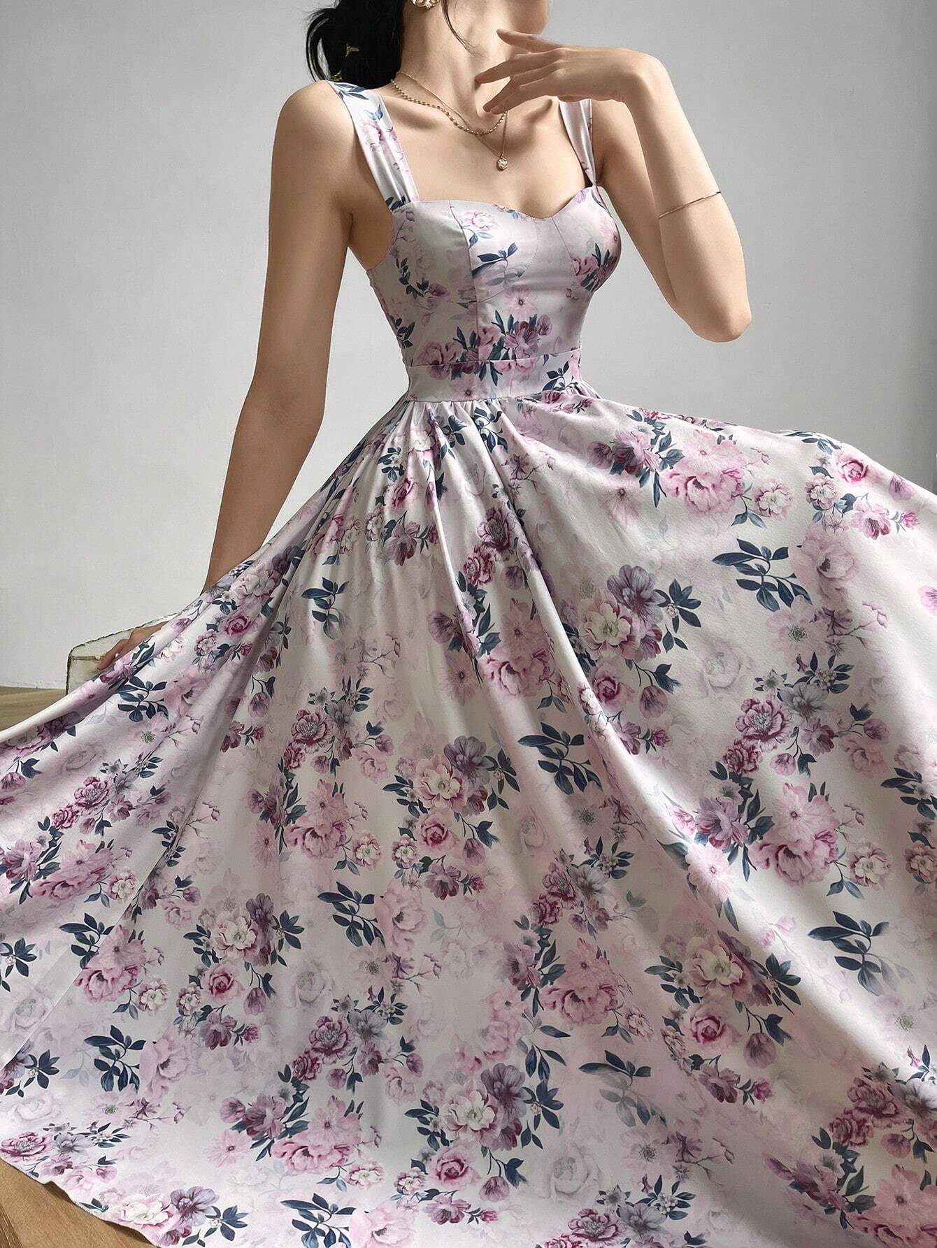 Buy SHEIN Modelyn Women Random Floral Print Casual Sleeveless Dress Maxi Women Outfit Long Evening Dresses in Pakistan