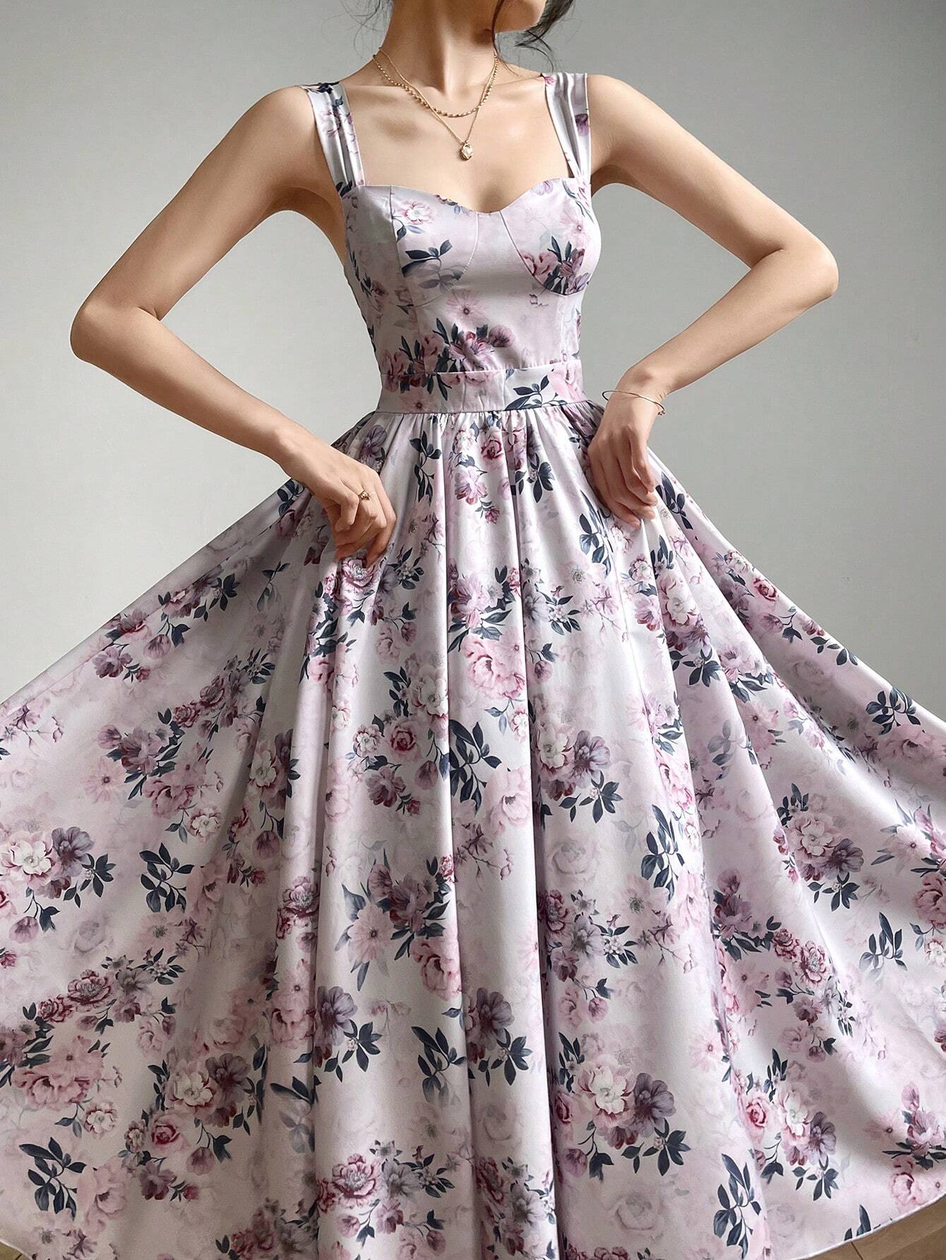 Buy SHEIN Modelyn Women Random Floral Print Casual Sleeveless Dress Maxi Women Outfit Long Evening Dresses in Pakistan