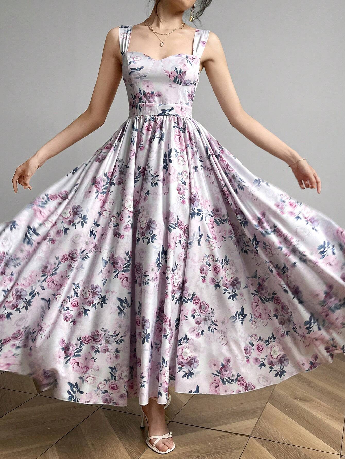 Buy SHEIN Modelyn Women Random Floral Print Casual Sleeveless Dress Maxi Women Outfit Long Evening Dresses in Pakistan