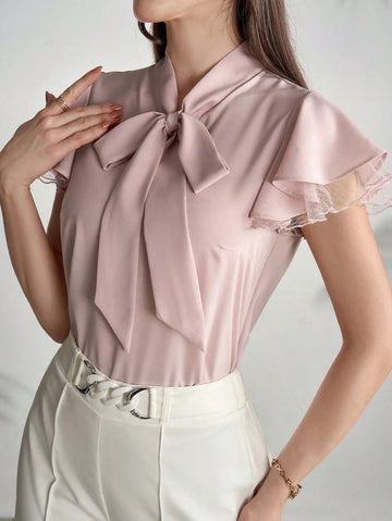 Buy SHEIN Modelyn Women's Elegant Net Yarn Splicing Cap Sleeve Shirt With Collar And Tie, Summer in Pakistan