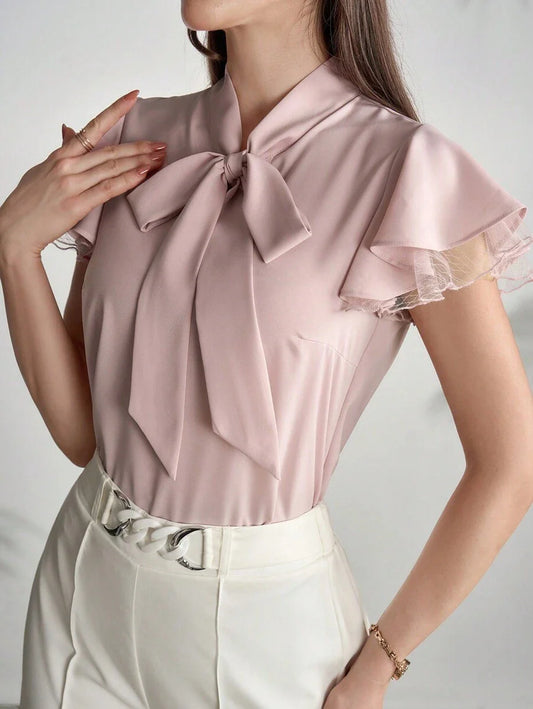 Buy SHEIN Modelyn Women's Elegant Net Yarn Splicing Cap Sleeve Shirt With Collar And Tie, Summer in Pakistan