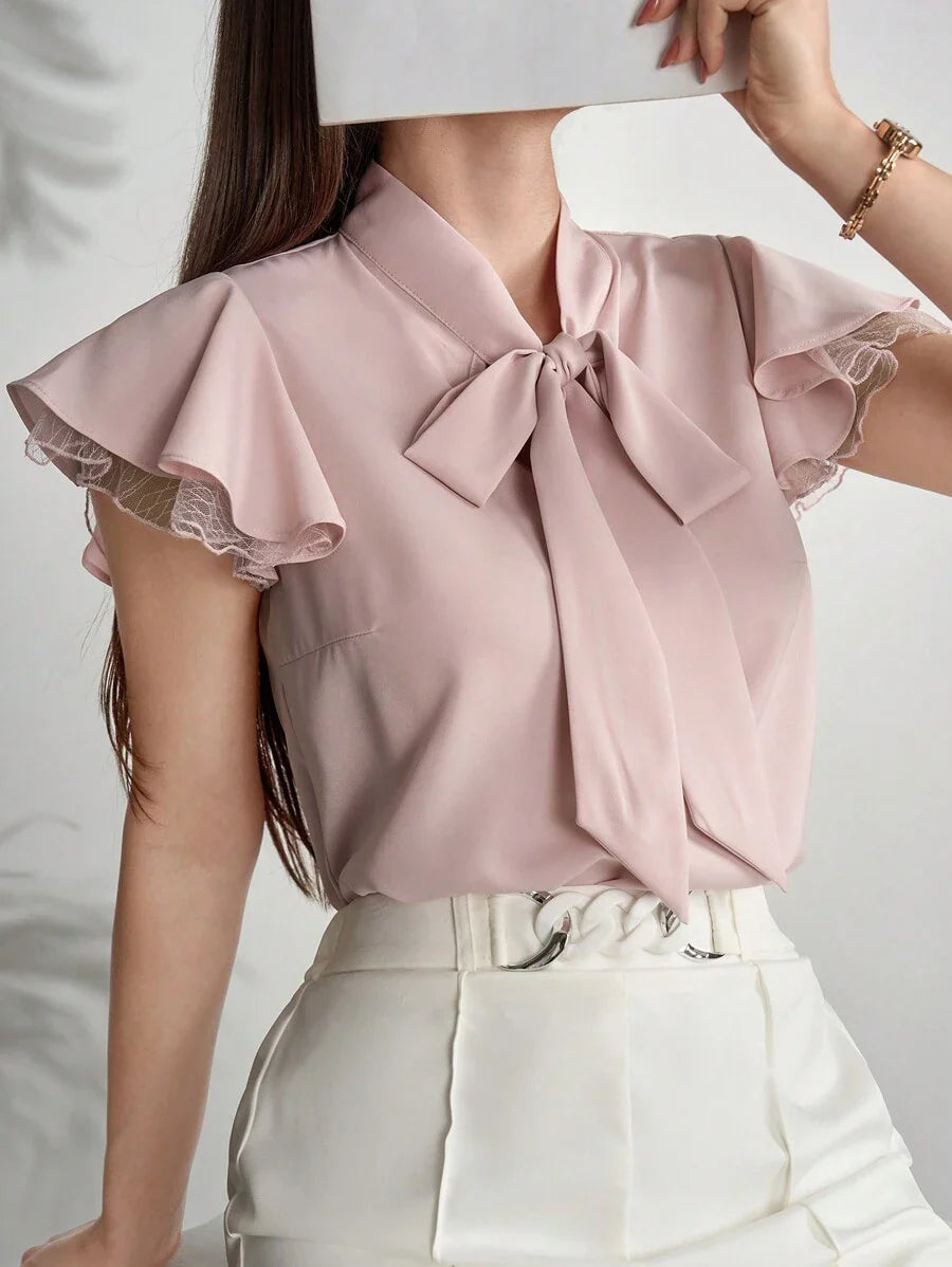 Buy SHEIN Modelyn Women's Elegant Net Yarn Splicing Cap Sleeve Shirt With Collar And Tie, Summer in Pakistan