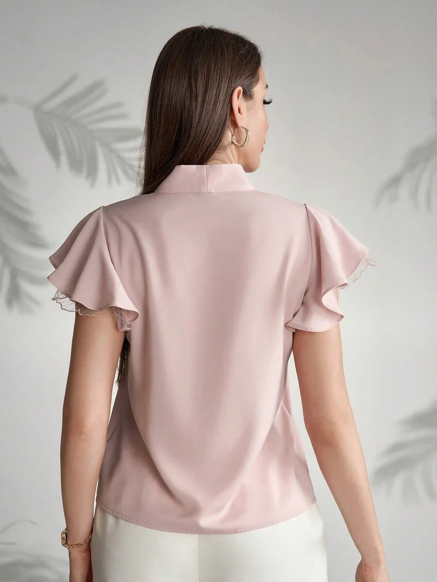 Buy SHEIN Modelyn Women's Elegant Net Yarn Splicing Cap Sleeve Shirt With Collar And Tie, Summer in Pakistan