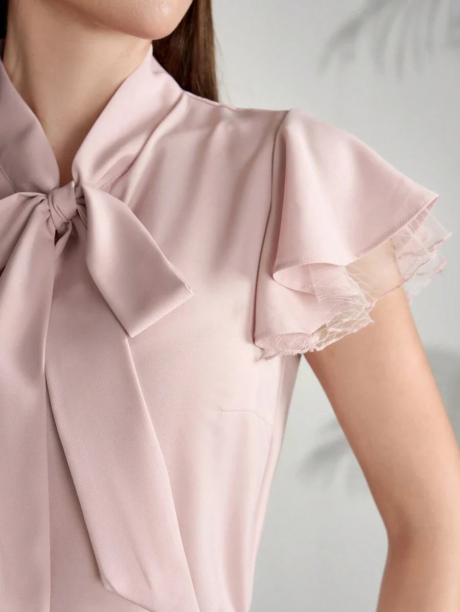 Buy SHEIN Modelyn Women's Elegant Net Yarn Splicing Cap Sleeve Shirt With Collar And Tie, Summer in Pakistan