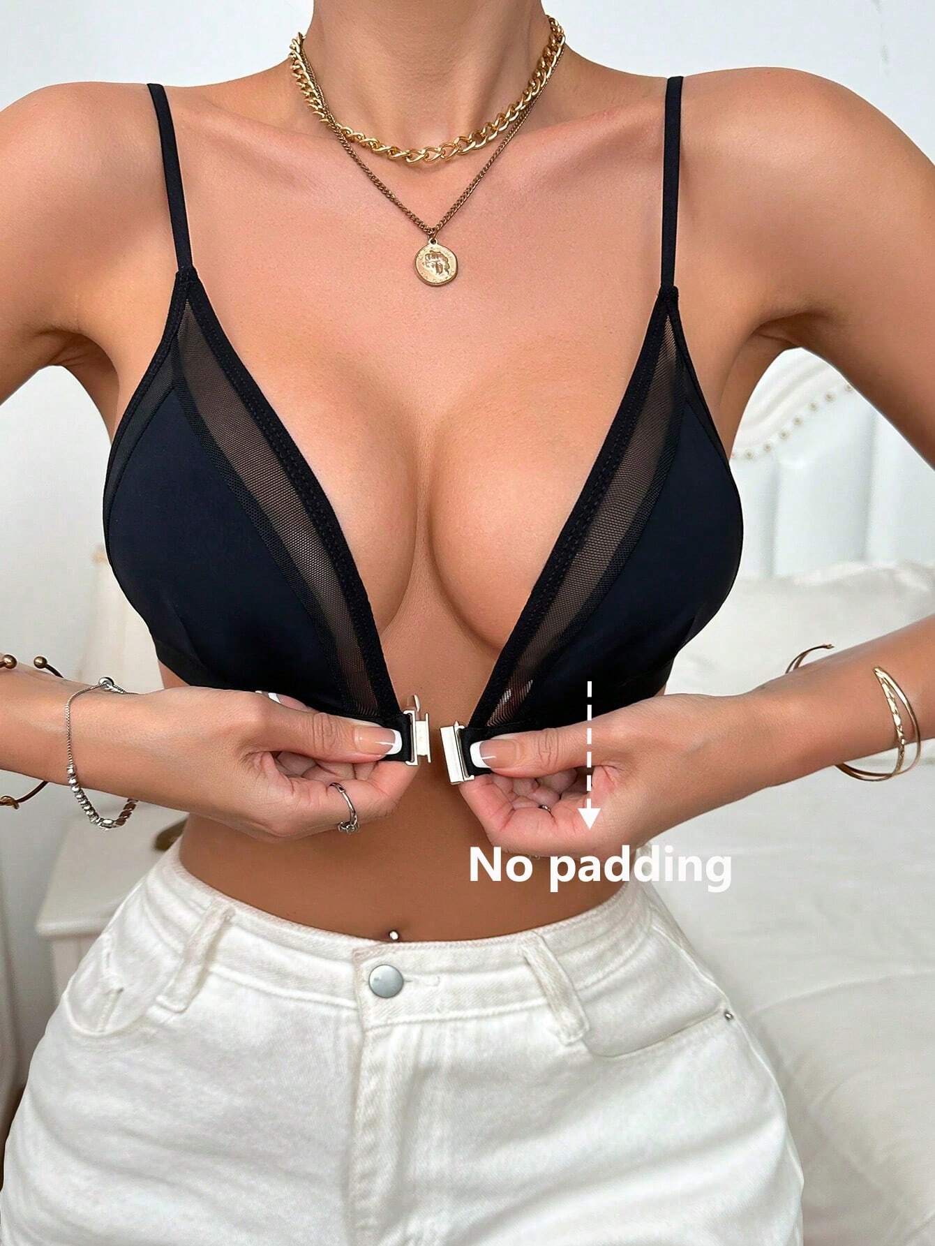 Buy SHEIN NudeFit Sexy Mesh Splicing Front-Clasp Deep V Bra in Pakistan