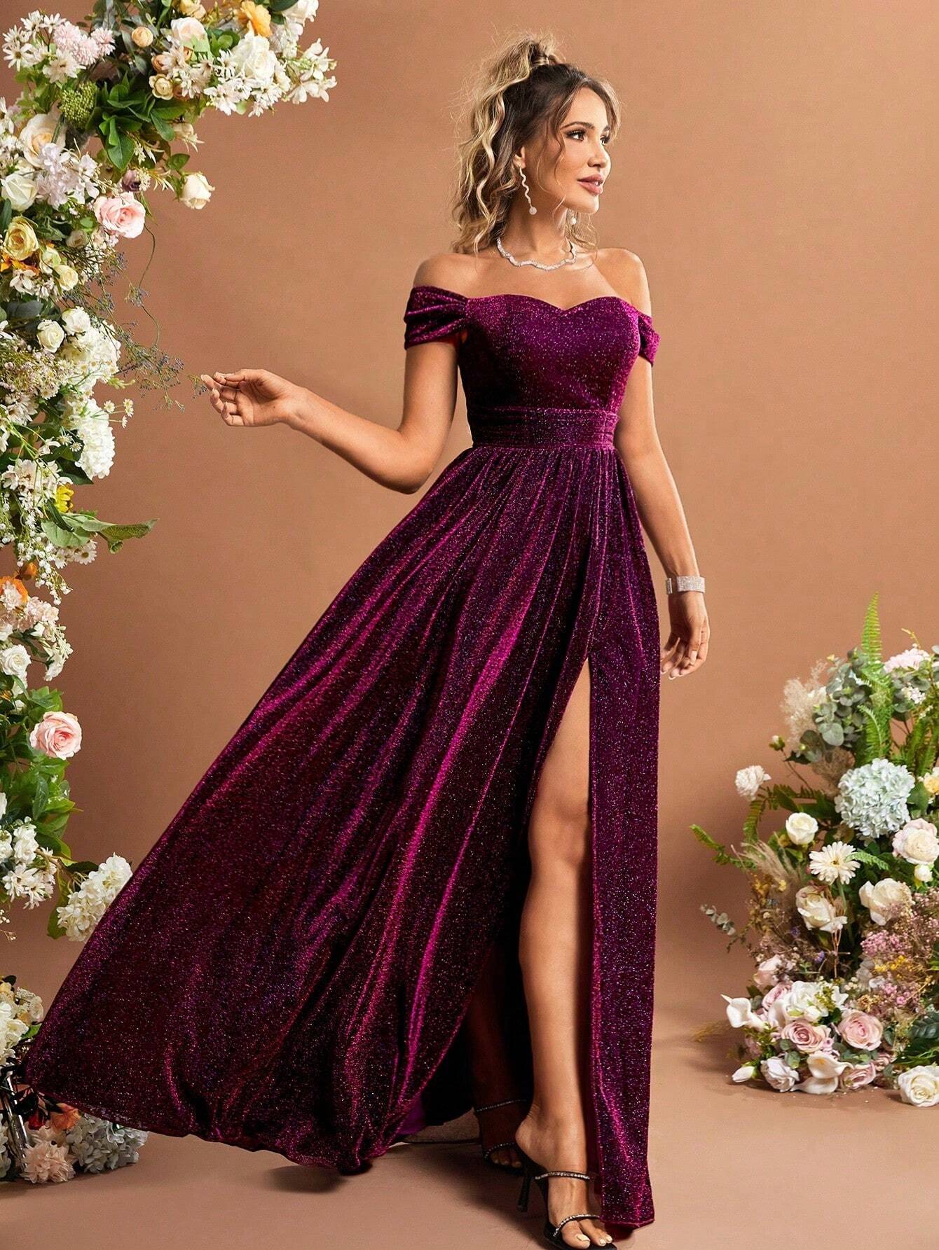 Buy SHEIN Off Shoulder Split Thigh Glitter Bridesmaid Dress in Pakistan