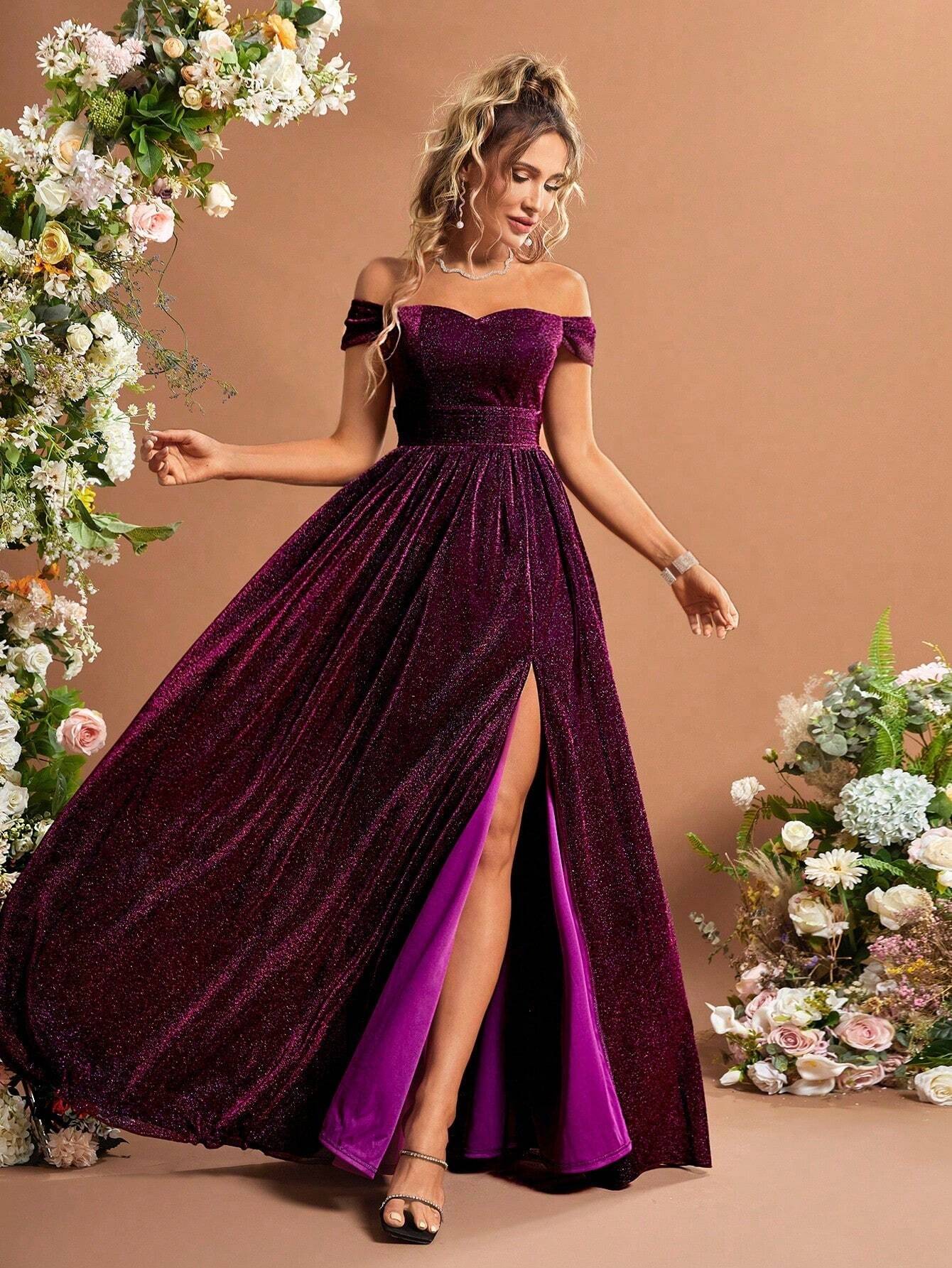 Buy SHEIN Off Shoulder Split Thigh Glitter Bridesmaid Dress in Pakistan
