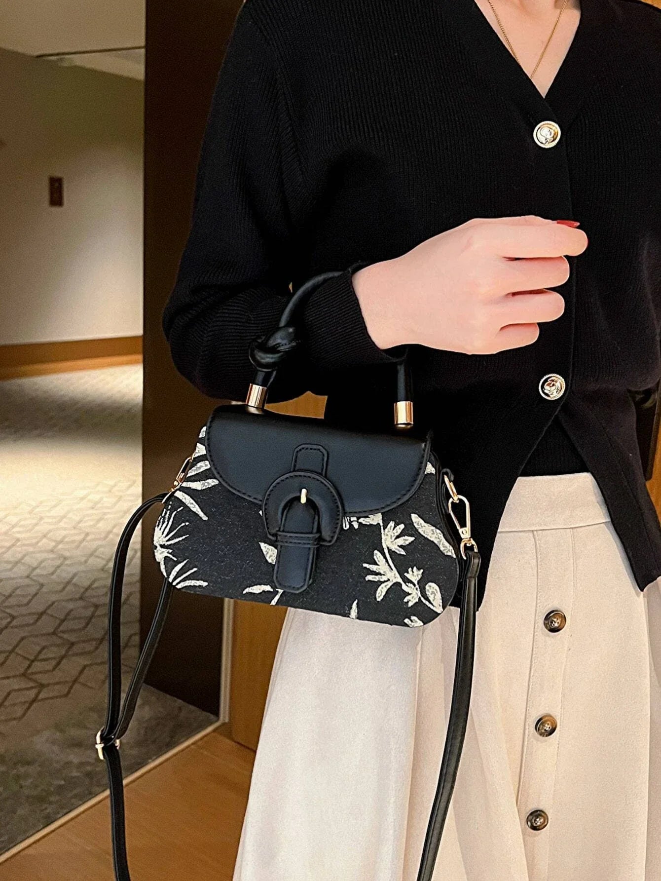 Buy SHEIN Plant Pattern Buckle Decor Flap Square Bag Handbag in Pakistan