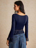 Buy SHEIN Poéselle Asymmetric Lace Long Sleeve T-Shirt With Hem Splicing And Flutter Design in Pakistan