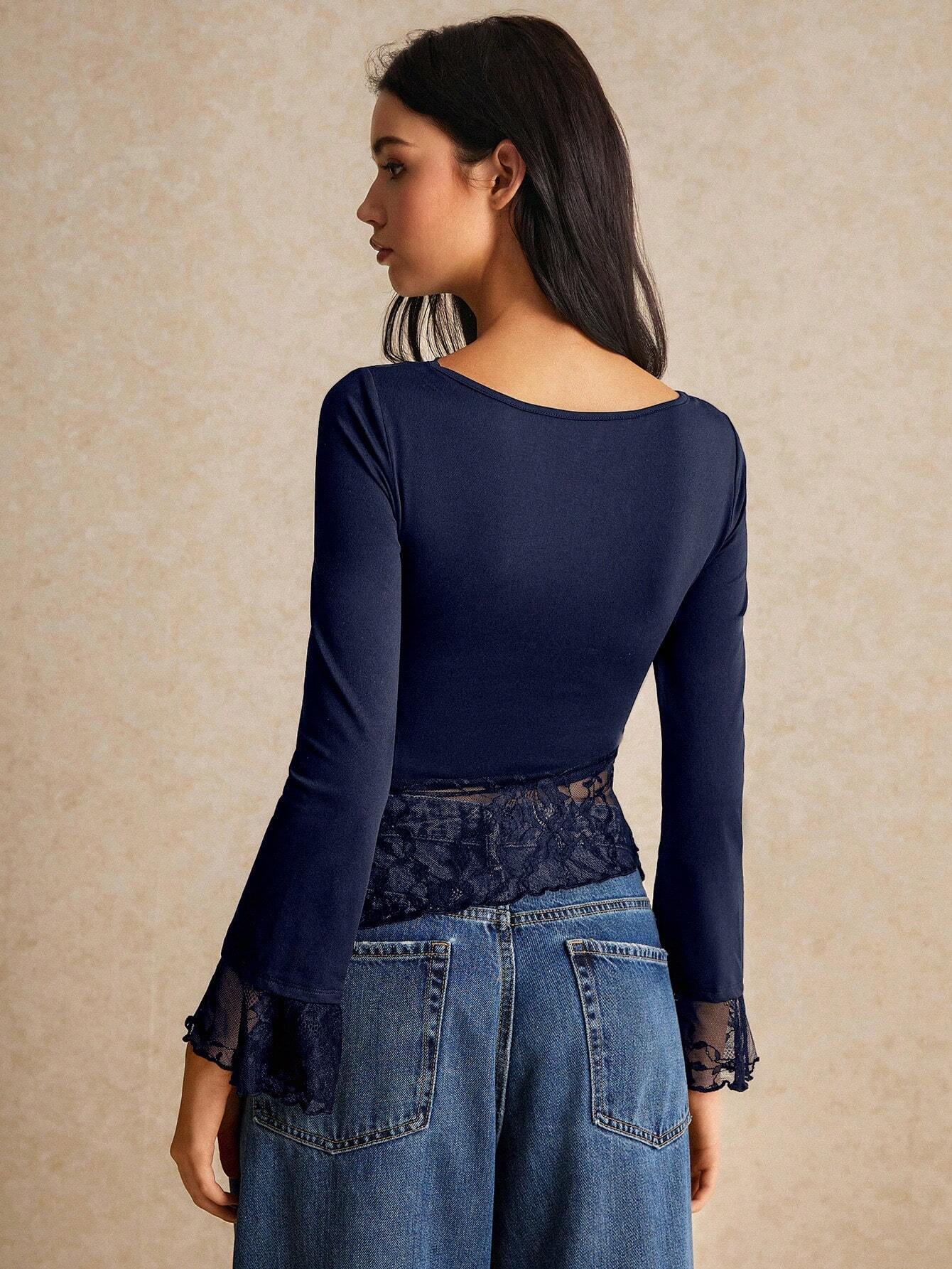 Buy SHEIN Poéselle Asymmetric Lace Long Sleeve T-Shirt With Hem Splicing And Flutter Design in Pakistan
