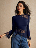 Buy SHEIN Poéselle Asymmetric Lace Long Sleeve T-Shirt With Hem Splicing And Flutter Design in Pakistan