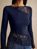 Buy SHEIN Poéselle Asymmetric Lace Long Sleeve T-Shirt With Hem Splicing And Flutter Design in Pakistan