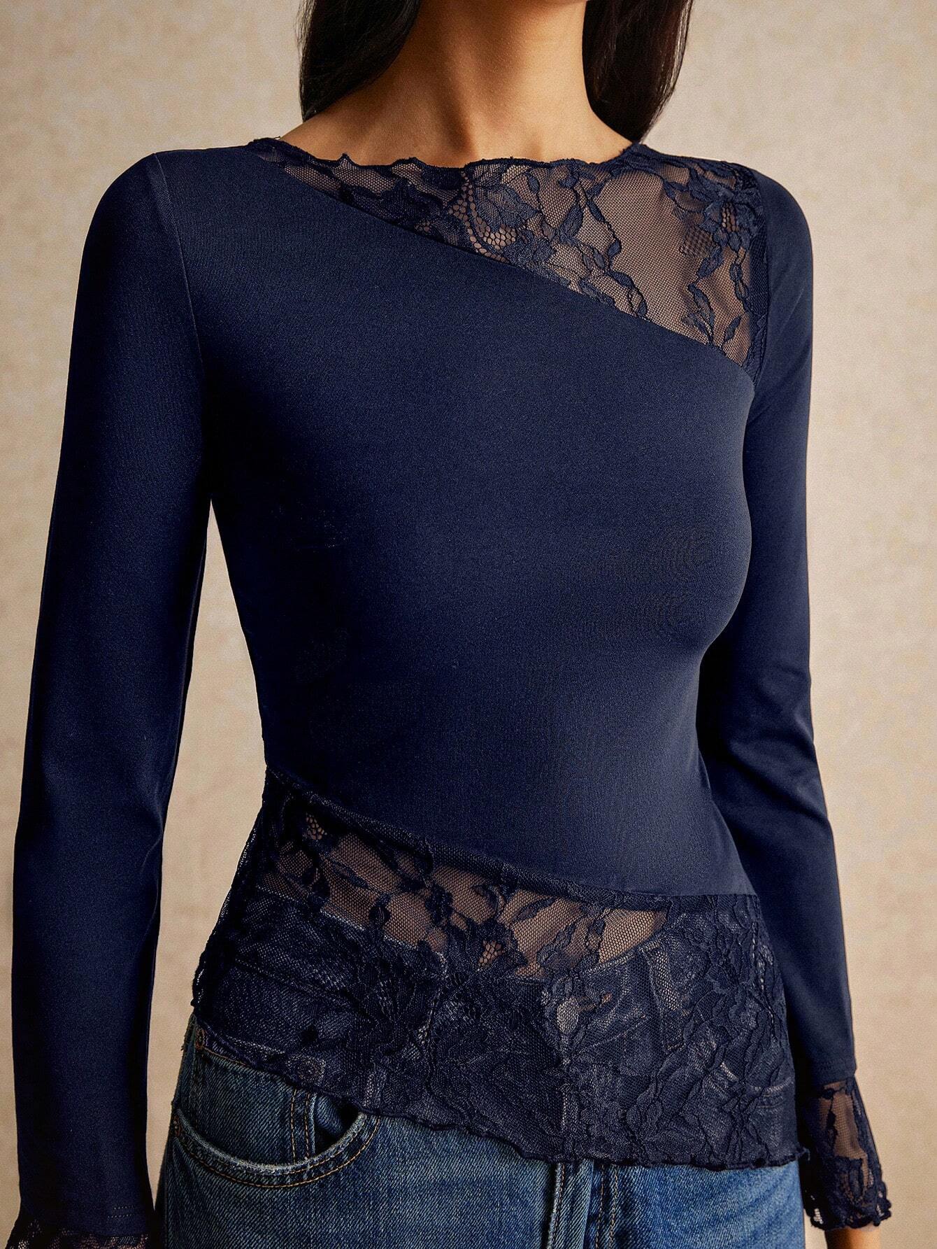 Buy SHEIN Poéselle Asymmetric Lace Long Sleeve T-Shirt With Hem Splicing And Flutter Design in Pakistan