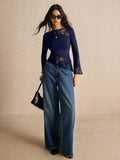 Buy SHEIN Poéselle Asymmetric Lace Long Sleeve T-Shirt With Hem Splicing And Flutter Design in Pakistan