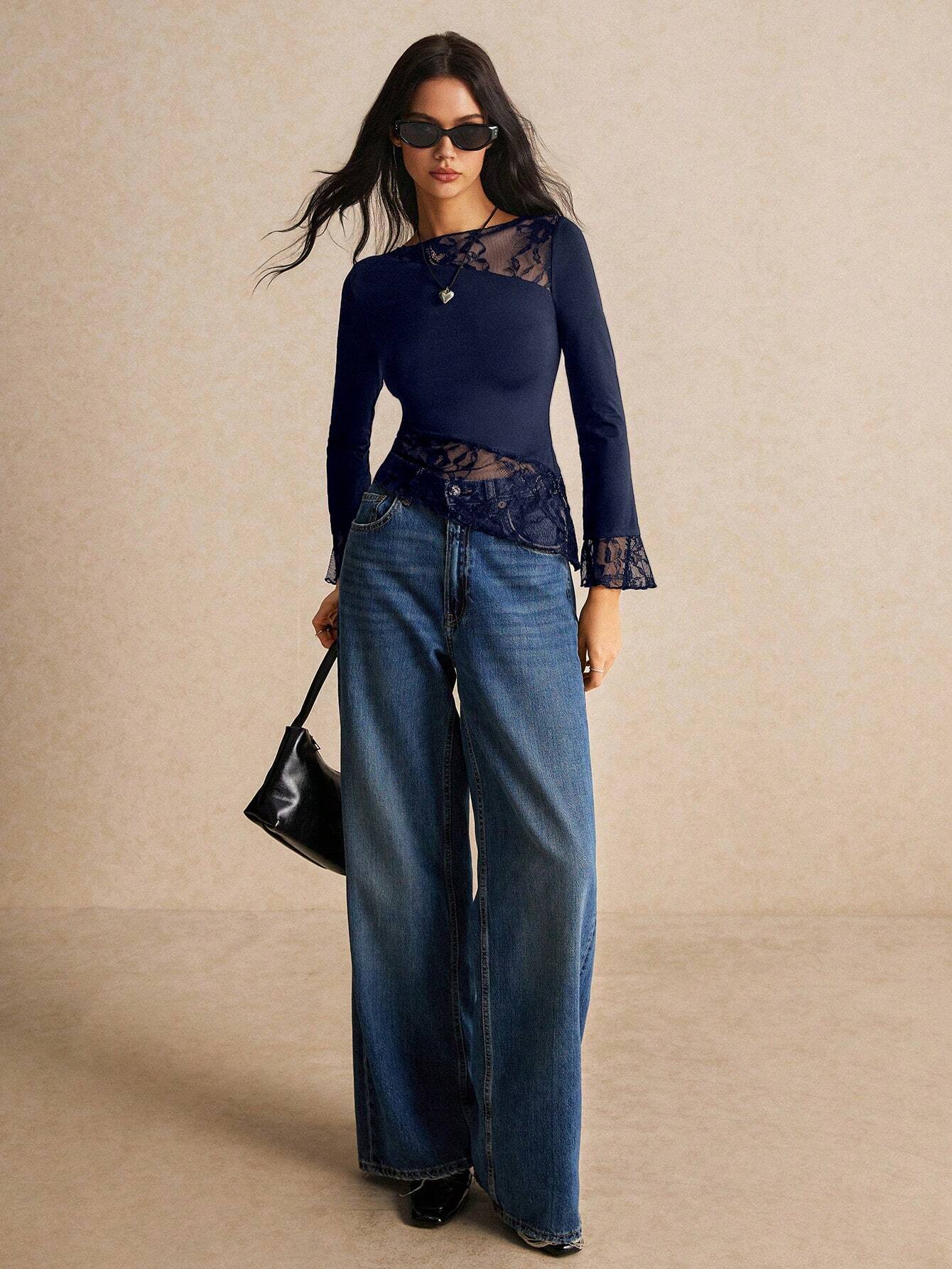 Buy SHEIN Poéselle Asymmetric Lace Long Sleeve T-Shirt With Hem Splicing And Flutter Design in Pakistan