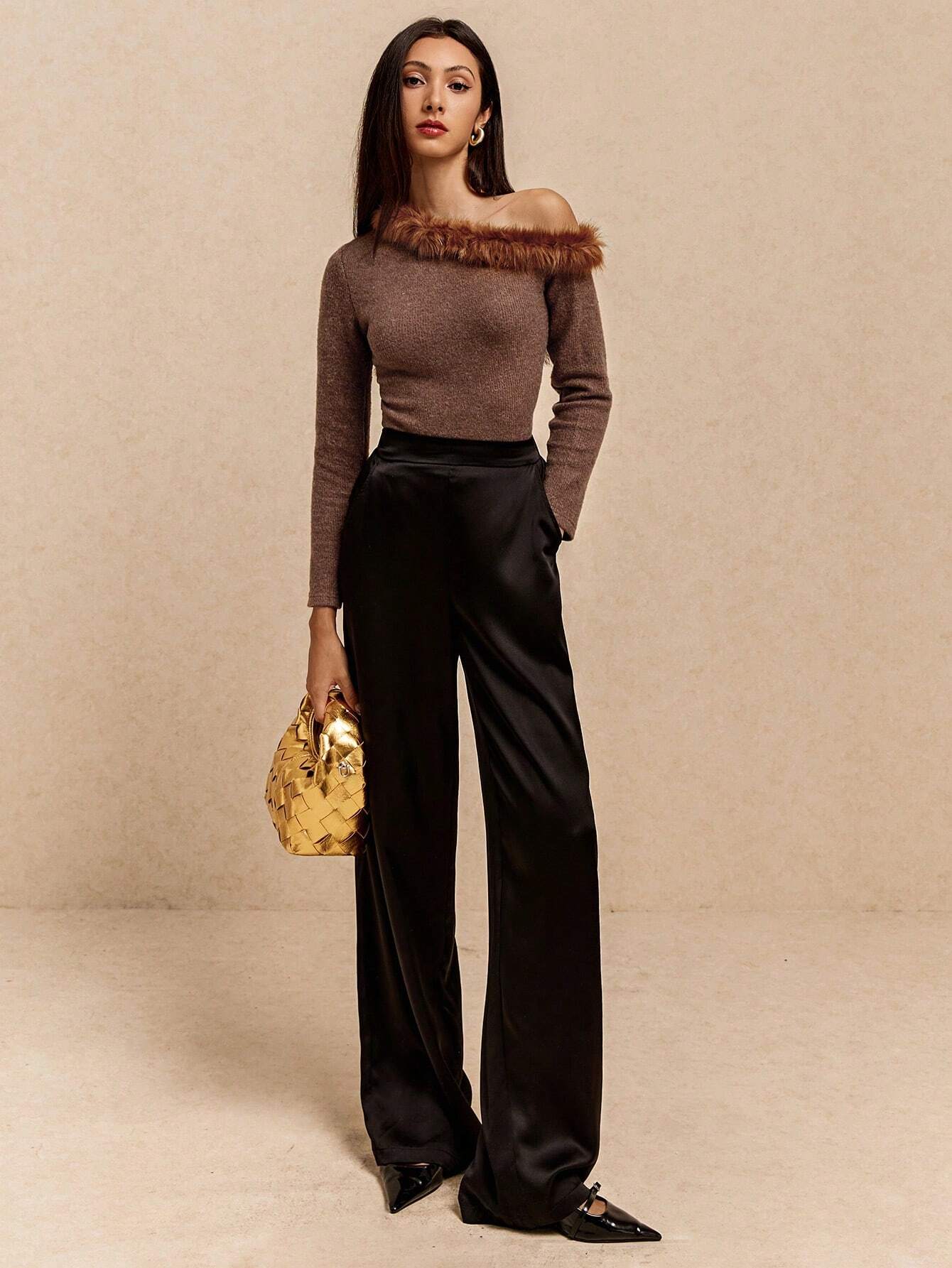 Buy Poéselle Women's Fashionable Fuzzy Patchwork Asymmetrical Collar T-Shirt in Pakistan