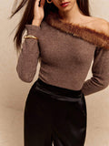 Buy Poéselle Women's Fashionable Fuzzy Patchwork Asymmetrical Collar T-Shirt in Pakistan