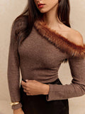 Buy Poéselle Women's Fashionable Fuzzy Patchwork Asymmetrical Collar T-Shirt in Pakistan