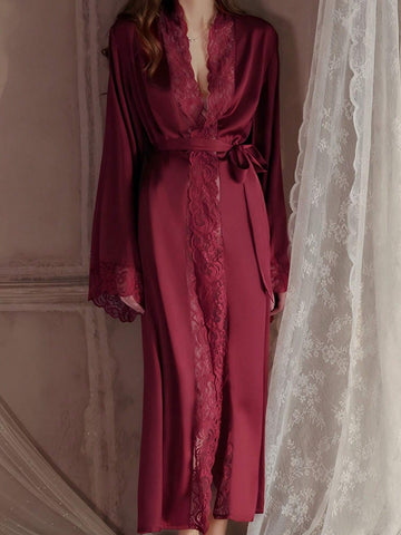 Buy SHEIN QING ROU Women's Elegant Satin Robe, Soft Lace Trim, Bell Sleeves, With Belt, Smooth And Comfortable, Suitable For Home Use in Pakistan