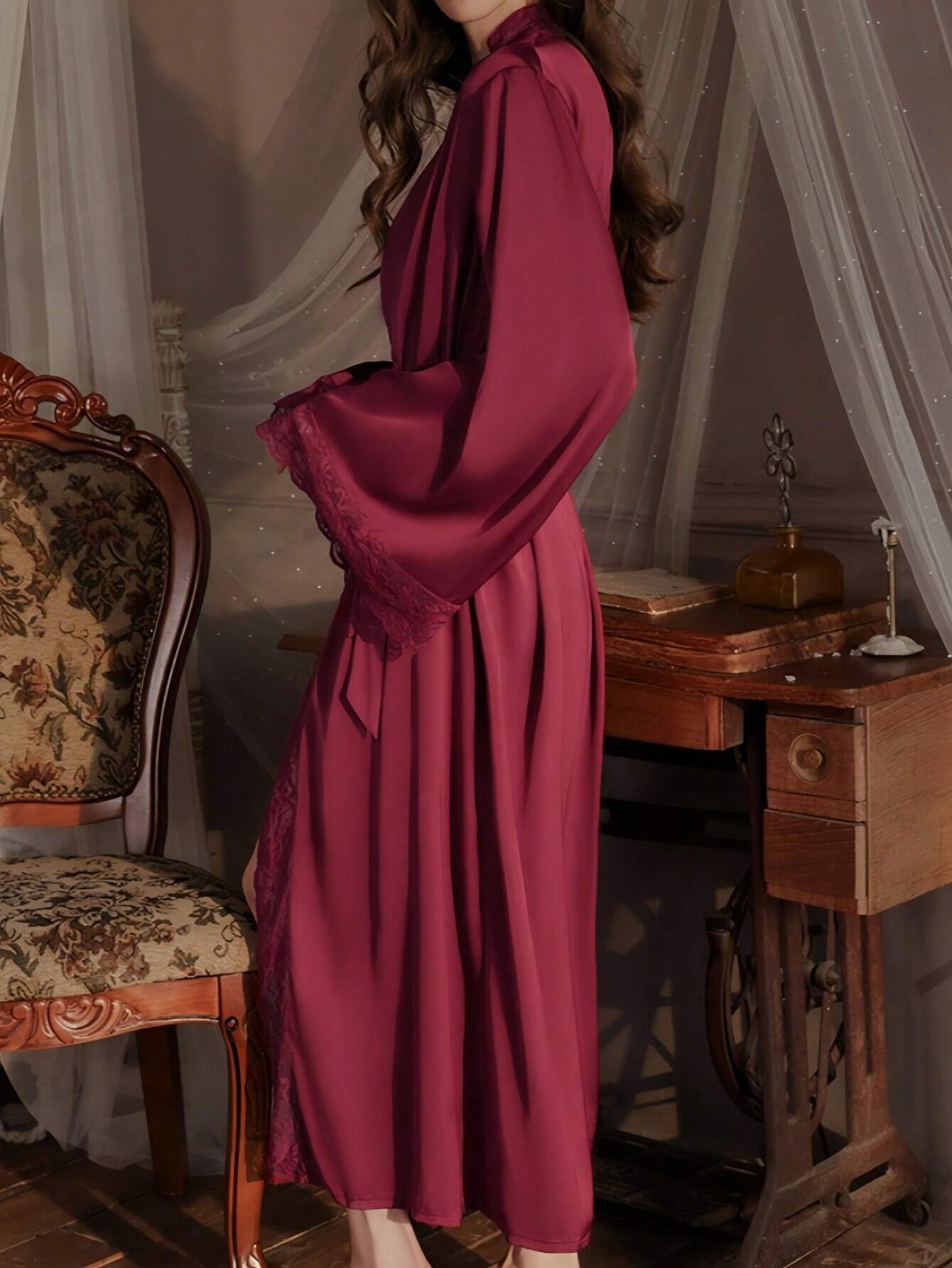 Buy SHEIN QING ROU Women's Elegant Satin Robe, Soft Lace Trim, Bell Sleeves, With Belt, Smooth And Comfortable, Suitable For Home Use in Pakistan