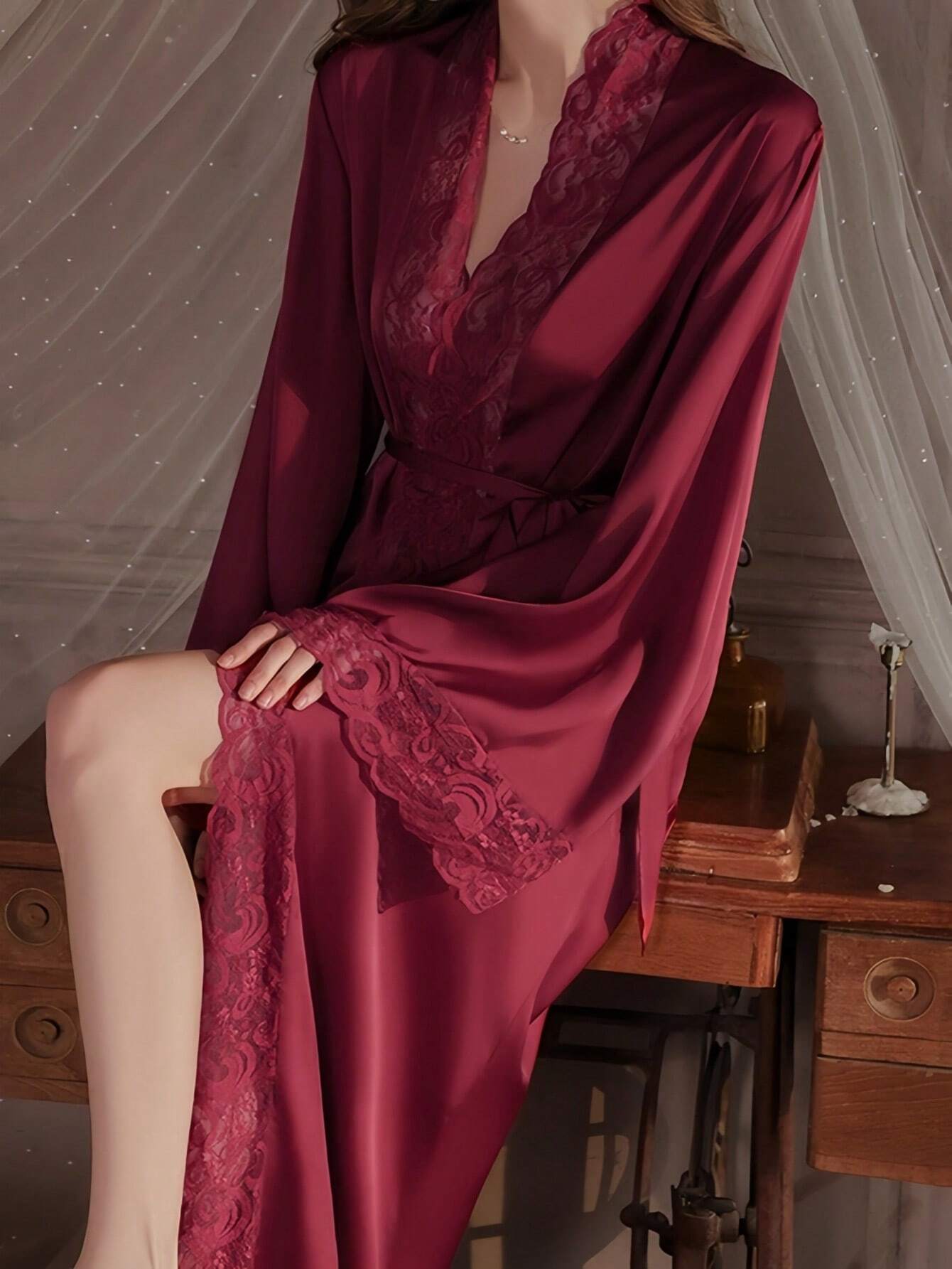 Buy SHEIN QING ROU Women's Elegant Satin Robe, Soft Lace Trim, Bell Sleeves, With Belt, Smooth And Comfortable, Suitable For Home Use in Pakistan