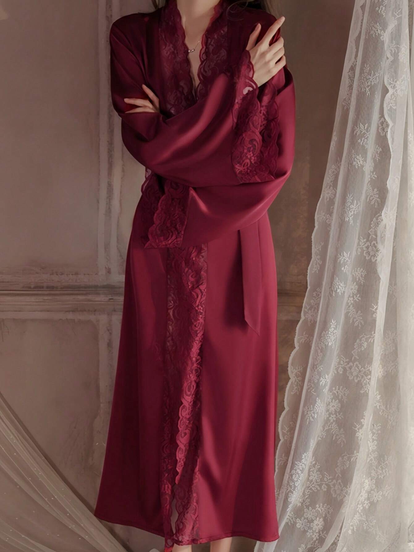 Buy SHEIN QING ROU Women's Elegant Satin Robe, Soft Lace Trim, Bell Sleeves, With Belt, Smooth And Comfortable, Suitable For Home Use in Pakistan