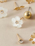 Buy SHEIN RINTOLER 9pairs/Set Japanese & Korean Unconventional Design Pearl & Flower & Geometric Shape Earrings in Pakistan