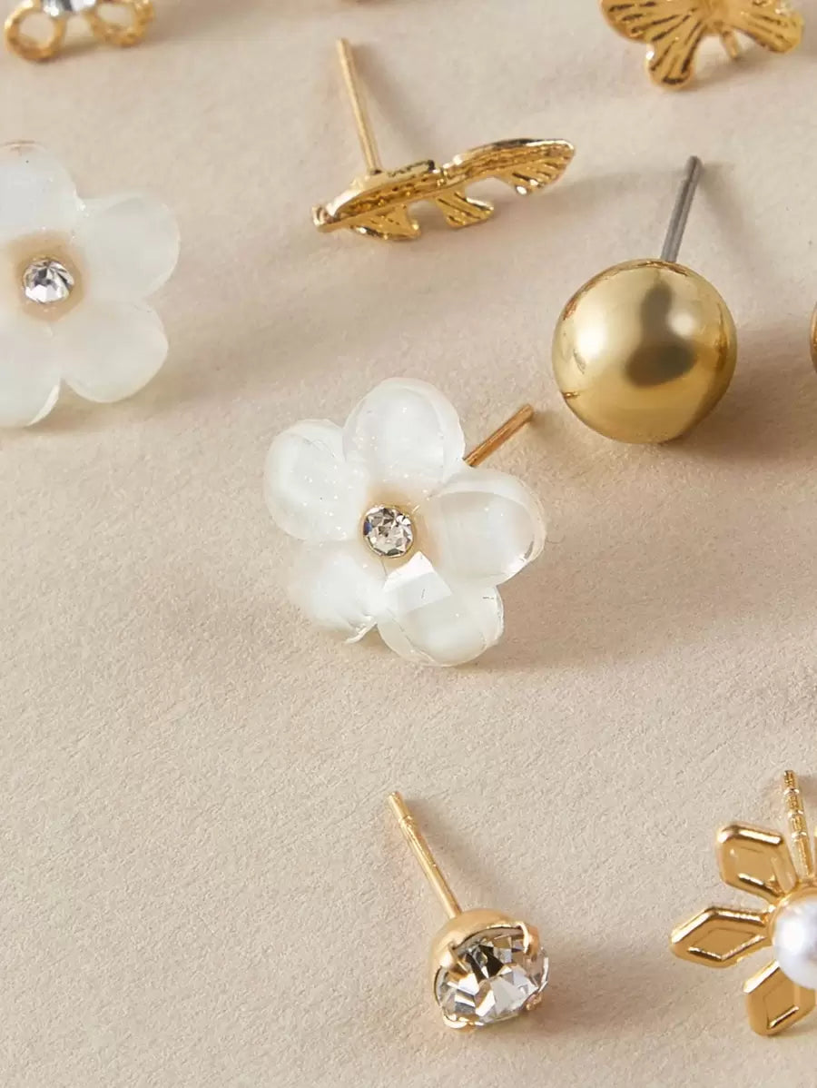 Buy SHEIN RINTOLER 9pairs/Set Japanese & Korean Unconventional Design Pearl & Flower & Geometric Shape Earrings in Pakistan