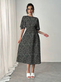 Buy SHEIN Rafferiza Blue Romantic Vacation Dress, Round Neck, Ruffle Short Sleeves, Ditsy Floral, Cinched Waist, Flared Hem, Casual Midi Dress Maxi Women Outfit in Pakistan