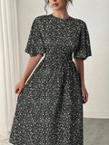 Buy SHEIN Rafferiza Blue Romantic Vacation Dress, Round Neck, Ruffle Short Sleeves, Ditsy Floral, Cinched Waist, Flared Hem, Casual Midi Dress Maxi Women Outfit in Pakistan