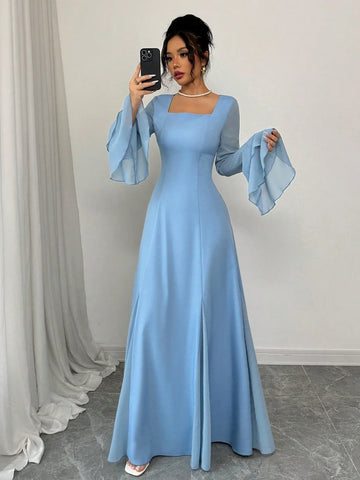 Buy SHEIN Rafferiza Blue Square Neck Double-Layer Ruffle Cuff Maxi Swing Dress For Women in Pakistan