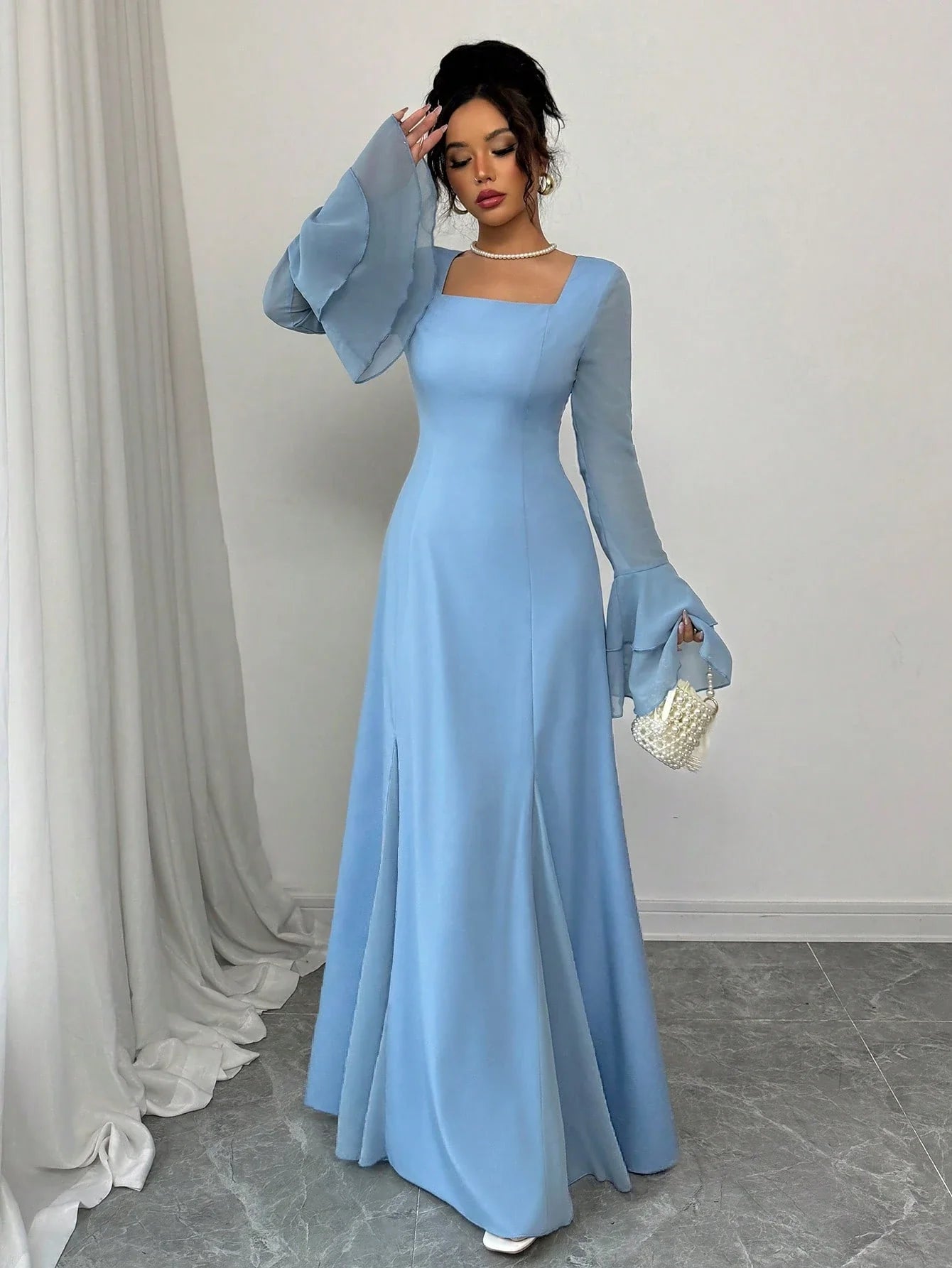 Buy SHEIN Rafferiza Blue Square Neck Double-Layer Ruffle Cuff Maxi Swing Dress For Women in Pakistan