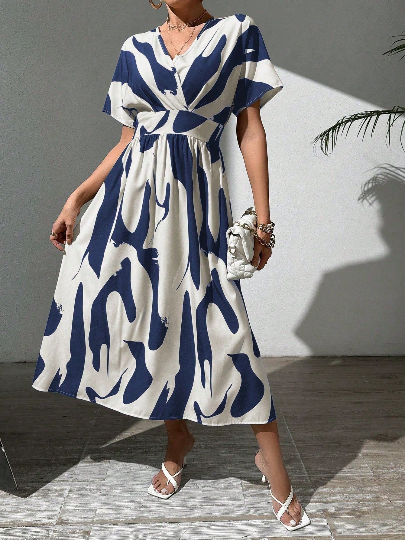 Buy SHEIN Rafferiza Summer Casual A-Line V-Neck Batwing Sleeve Printed Dress For Holiday Maxi Women Outfit in Pakistan