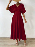 Buy SHEIN Rafferiza Women's Textured Waist-Cinching Batwing Sleeve Dress Burgundy Maxi Women Outfit in Pakistan