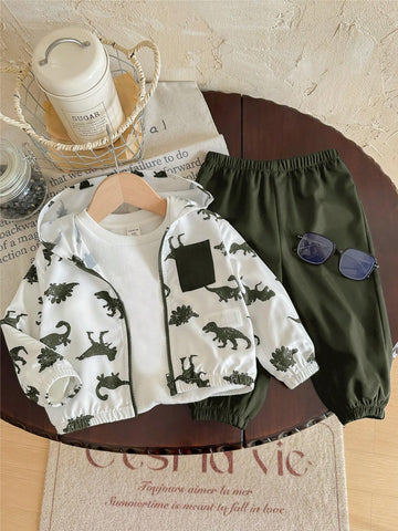 Buy SHEIN 2pcs Baby Boy Dinosaur Printed Contrast Color Hoodie Jacket And Solid Color Pants Outfit in Pakistan