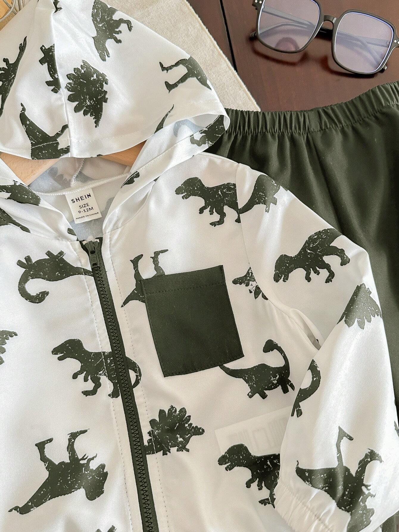 Buy SHEIN 2pcs Baby Boy Dinosaur Printed Contrast Color Hoodie Jacket And Solid Color Pants Outfit in Pakistan